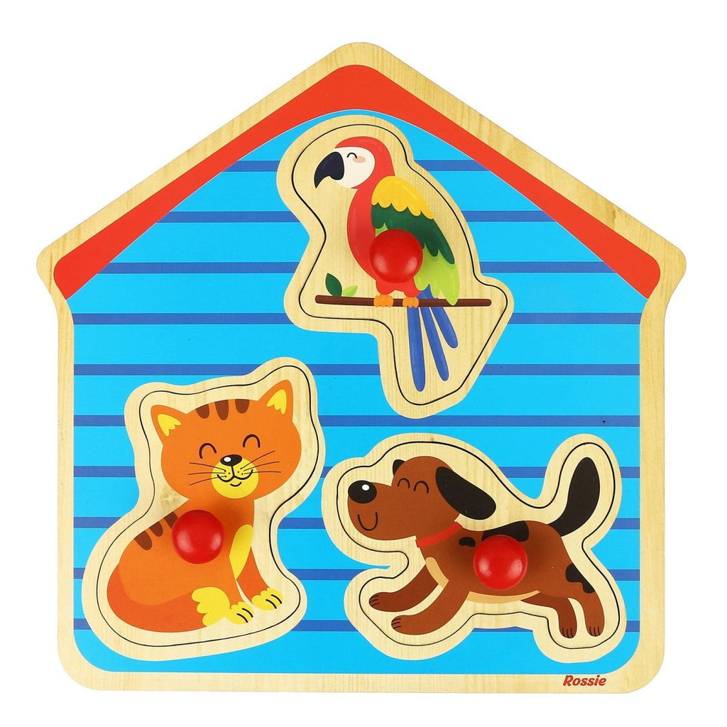 Wooden Pet Puzzle with Jumbo Handles – 3-Piece Montessori Baby Puzzle | Hand-Eye Coordination Toy (1+)