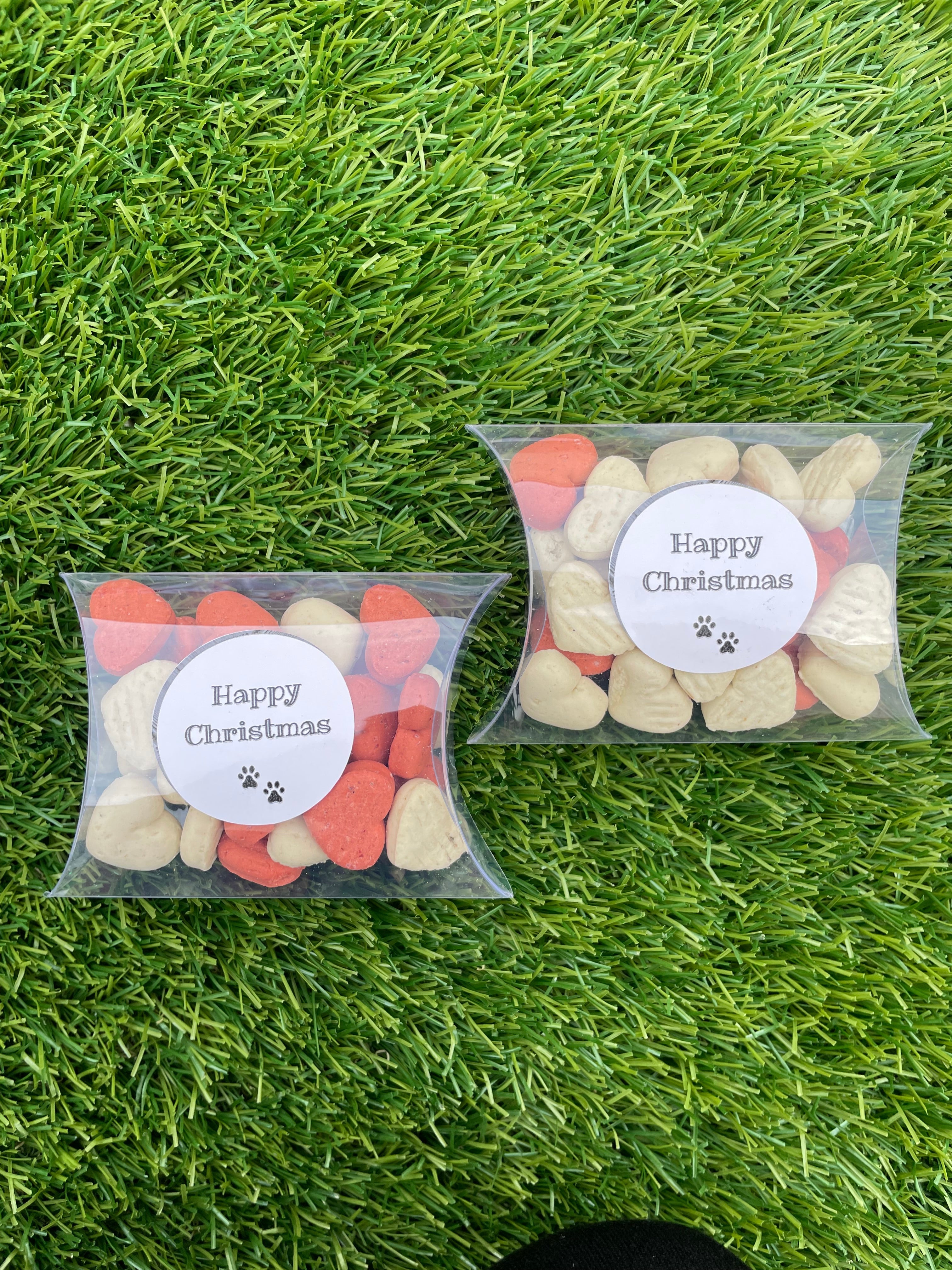 Two clear bags of dog treats with 'Happy Christmas' labels on a grass background