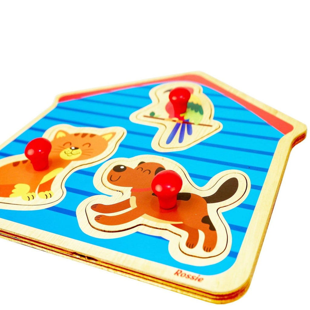 Wooden Pet Puzzle with Jumbo Handles – 3-Piece Montessori Baby Puzzle | Hand-Eye Coordination Toy (1+)