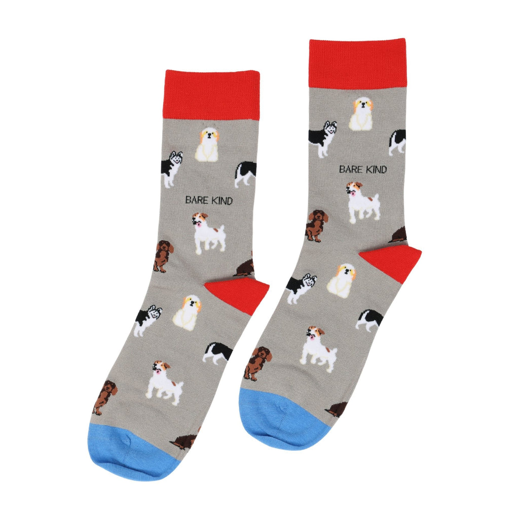 Gray socks with dog pattern and red and blue accents on a white background