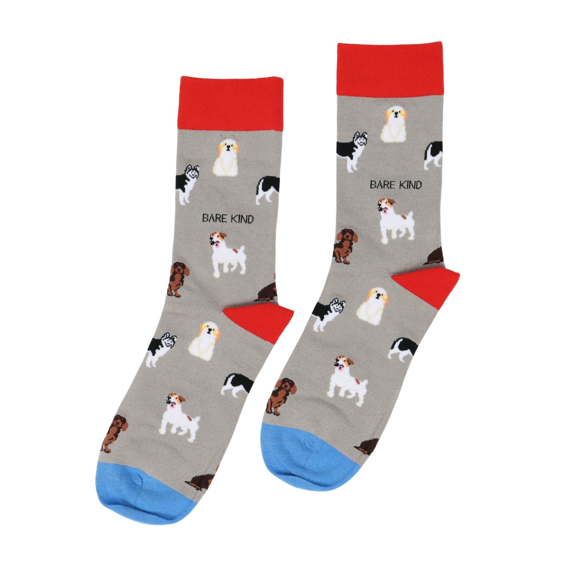 Gray socks with dog pattern and red and blue accents on a white background