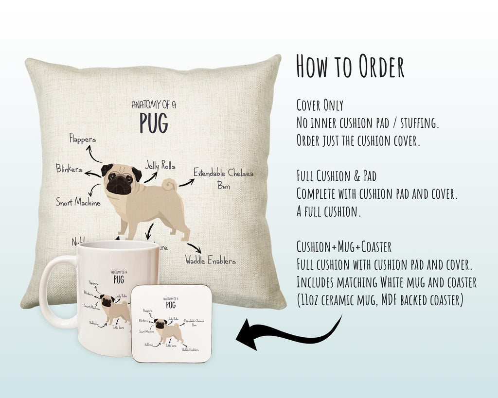 Anatomy of a Pug Funny Gift For Him Or Her Cushion Pillow Bedroom Decor CS409