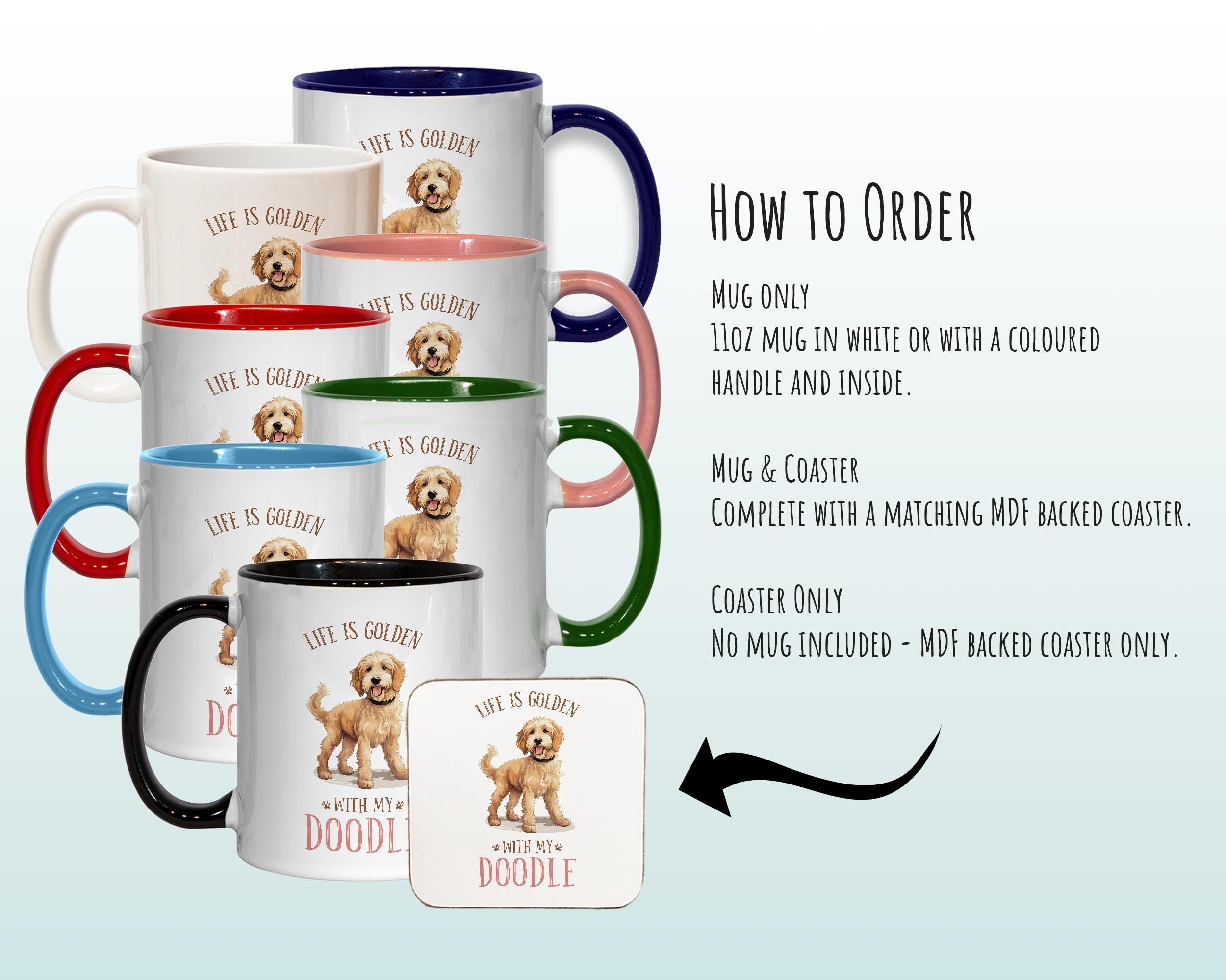 Golden Labradoodle Gift Mug - Ceramic Coffee Tea Chocolate Mug Coaster Golden Doodle Design for Dog Mum Dad Owner Secret Santa MG0904