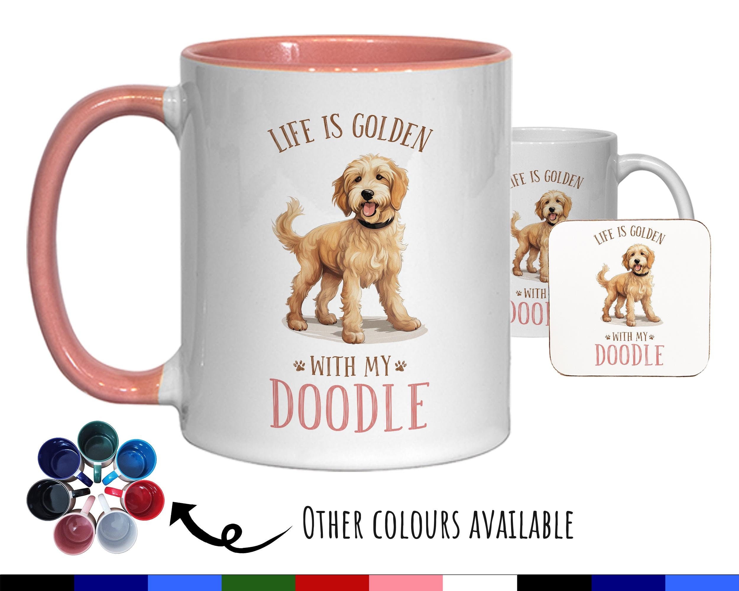 Golden Labradoodle Gift Mug - Ceramic Coffee Tea Chocolate Mug Coaster Golden Doodle Design for Dog Mum Dad Owner Secret Santa MG0904