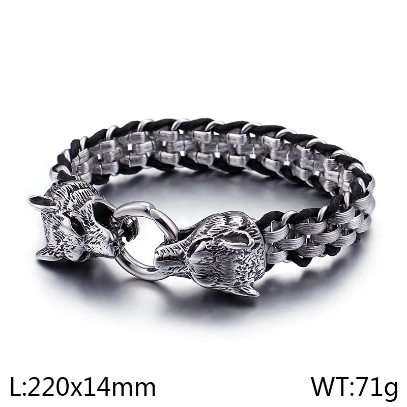 Vintage Style Wolf 304 Stainless Steel Leather Men's Bracelets