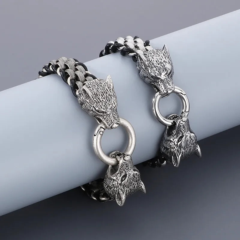 Vintage Style Wolf 304 Stainless Steel Leather Men's Bracelets