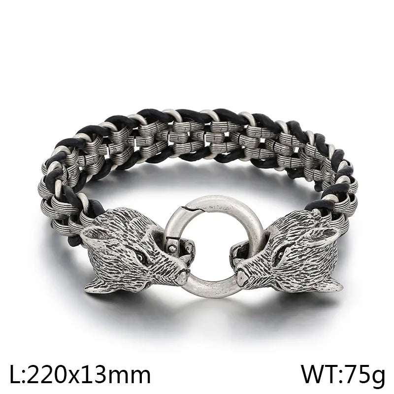 Vintage Style Wolf 304 Stainless Steel Leather Men's Bracelets