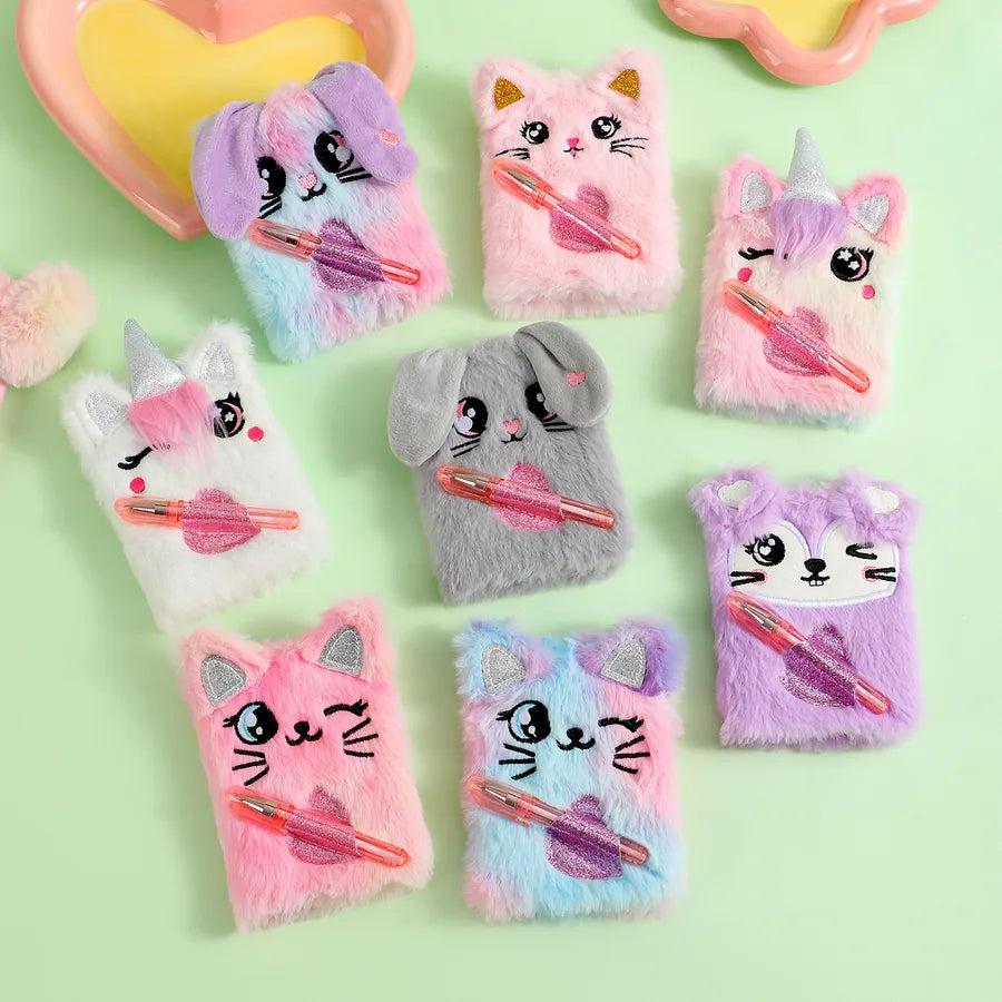 Set of colorful plush phone cases with cartoon designs on a light green background