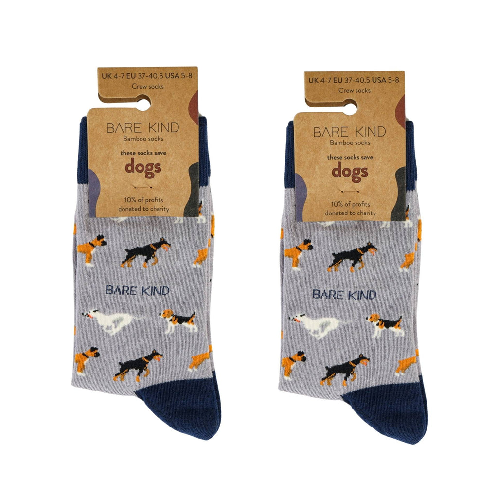 Gray socks with dog pattern and 'Bare Kind' packaging on a white background
