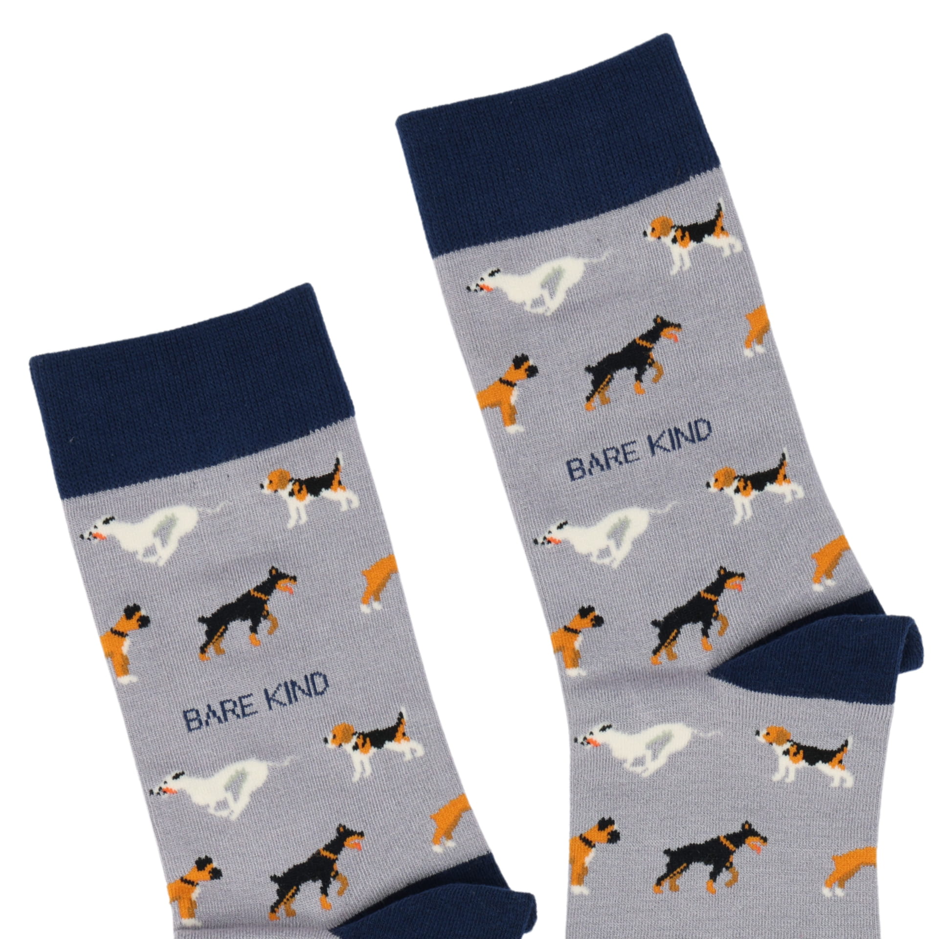 Pair of socks with dog pattern and 'Bare Kind' text on a white background