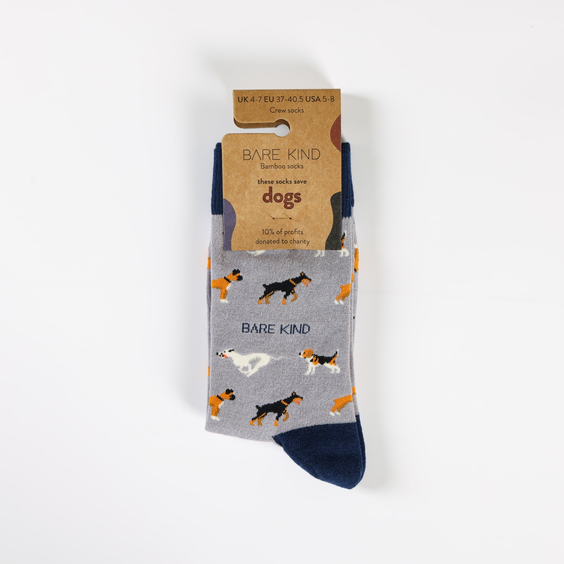 Gray socks with dog pattern and Bare Kind packaging on a white background