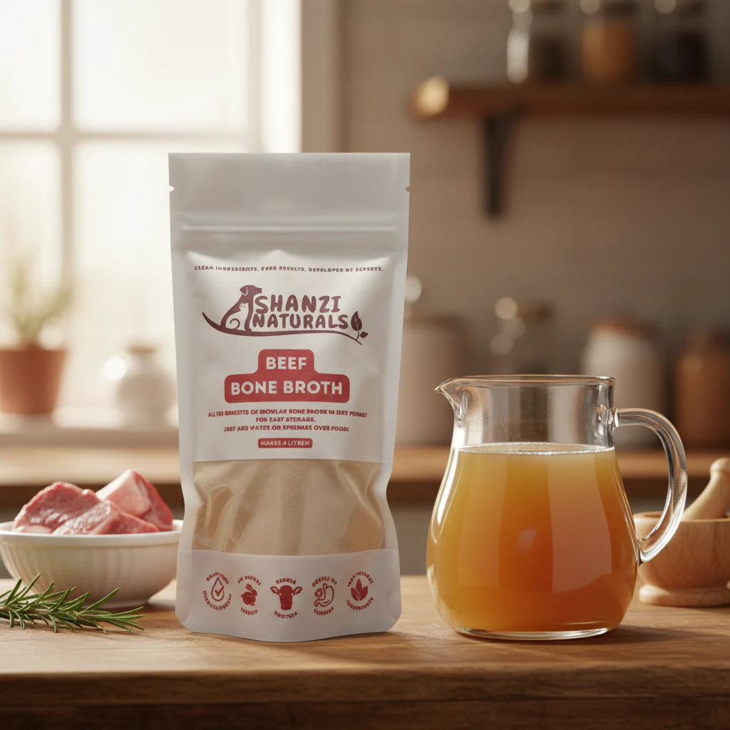 Shanzi Naturals beef bone broth package on a wooden table with a glass of broth.
