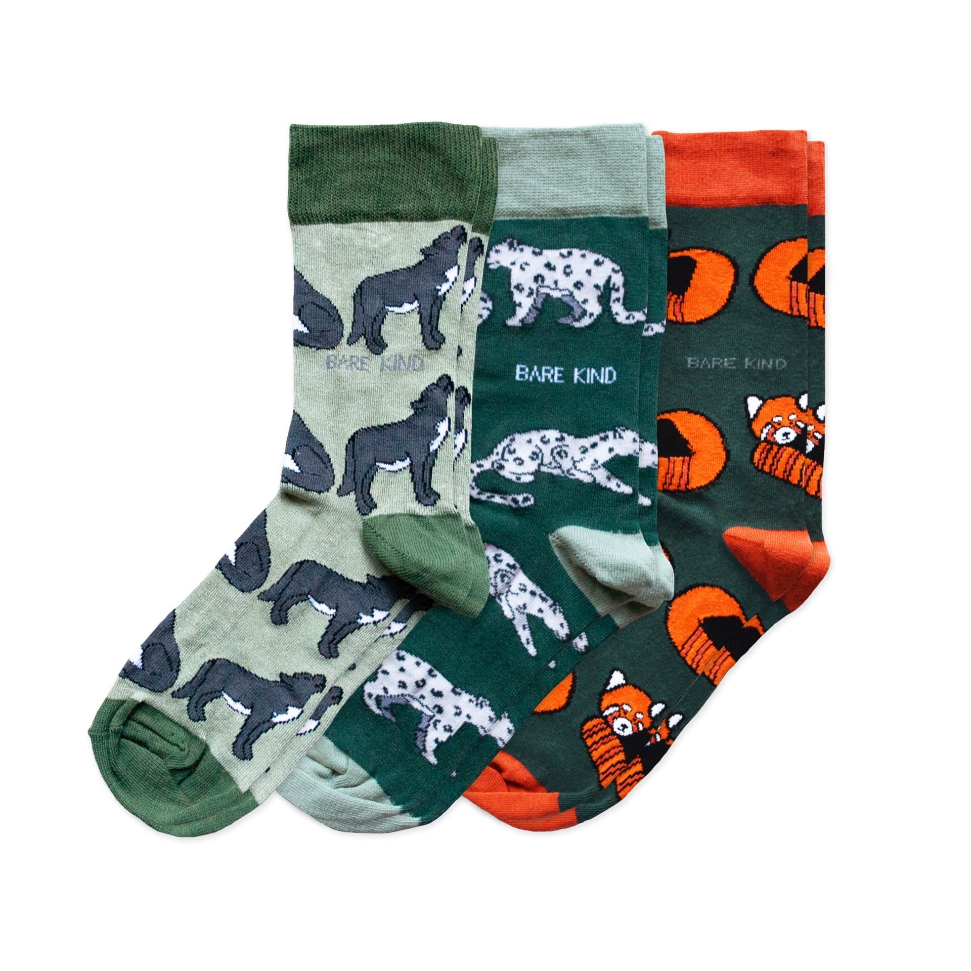 Three pairs of socks with animal patterns on a white background