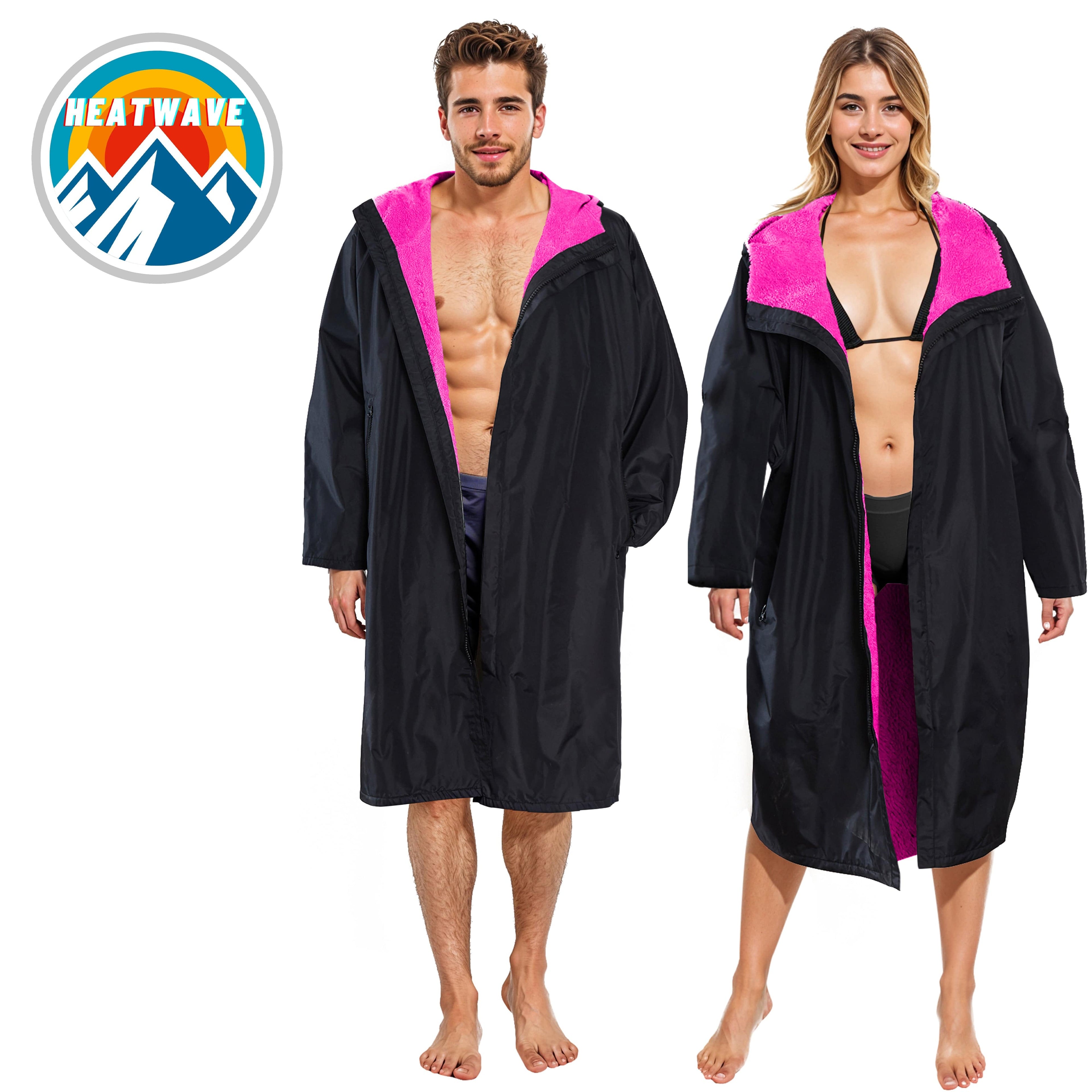 Unisex Adults Black/Pink Waterproof Windproof Changing Robe Hooded Outdoor Coat for Beach Swimming Surfing Warm Fleece Lining by Heatwave Thermalwear
