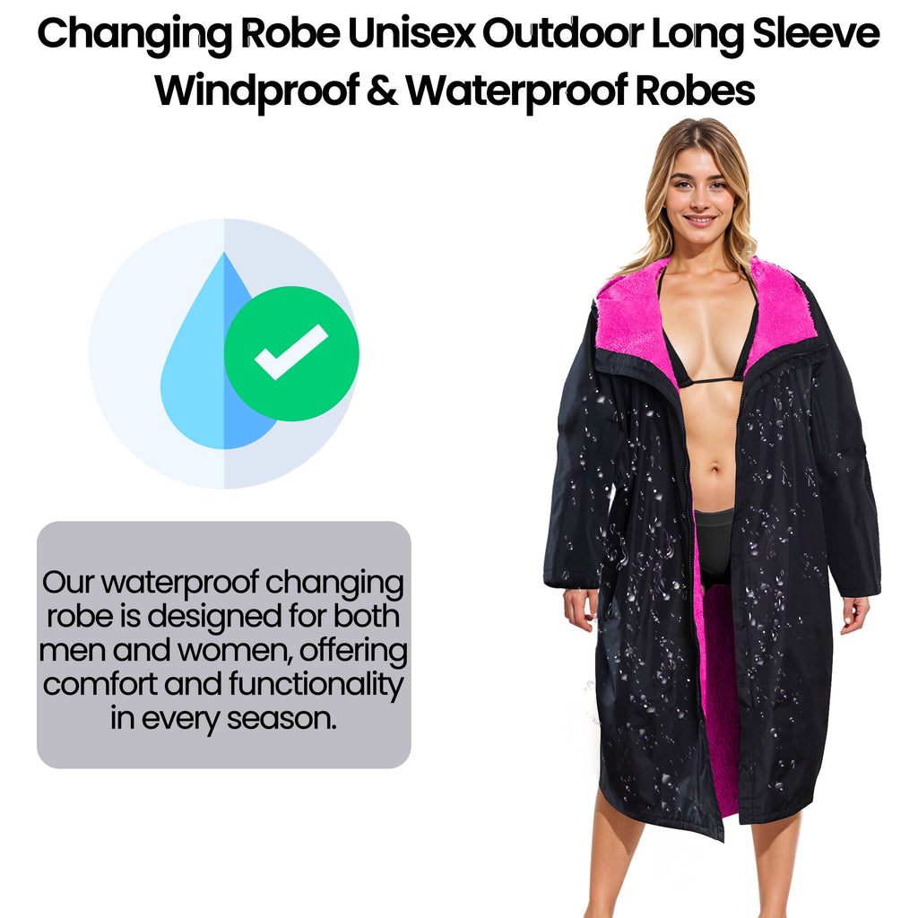 Unisex Adults Black/Pink Waterproof Windproof Changing Robe Hooded Outdoor Coat for Beach Swimming Surfing Warm Fleece Lining by Heatwave Thermalwear