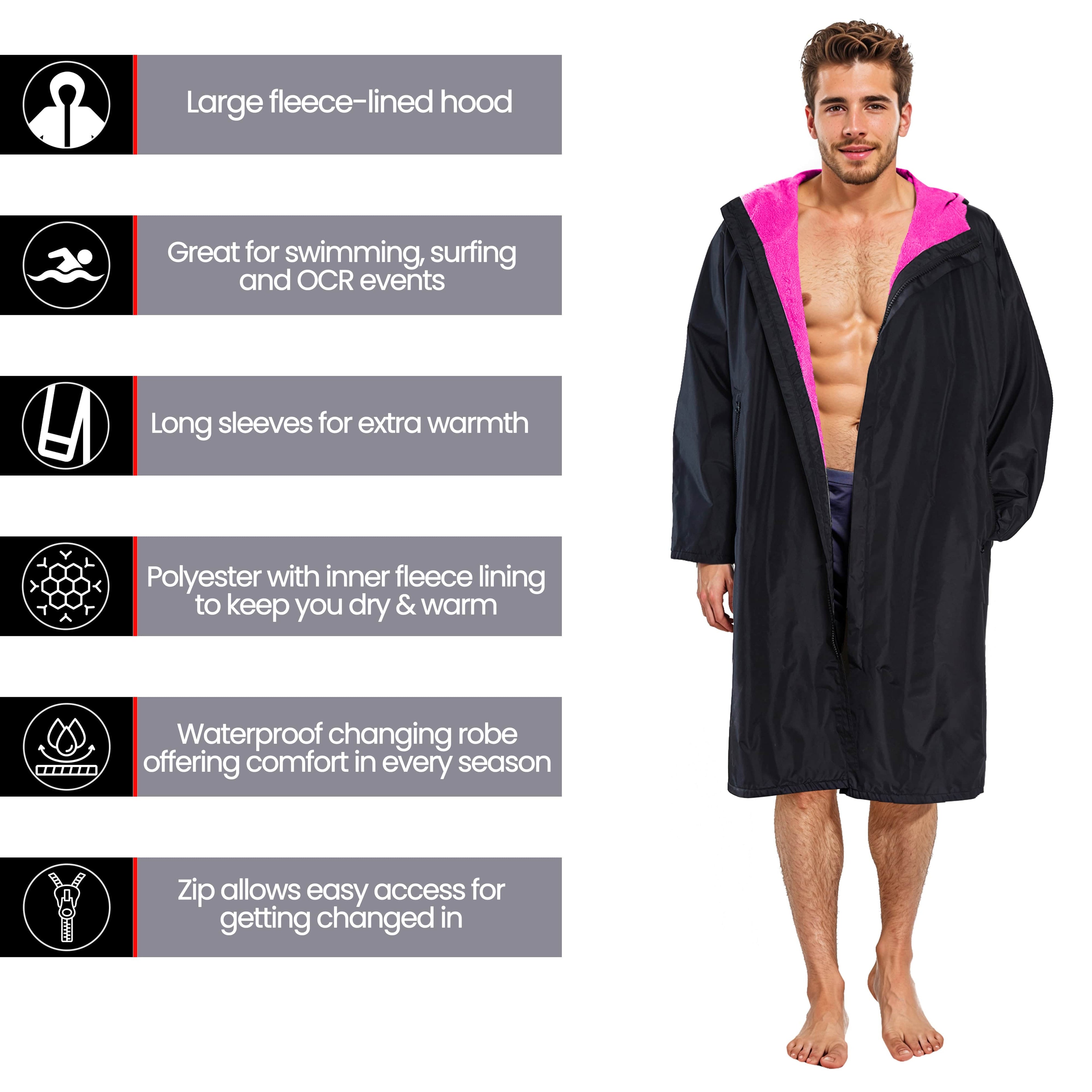 Unisex Adults Black/Pink Waterproof Windproof Changing Robe Hooded Outdoor Coat for Beach Swimming Surfing Warm Fleece Lining by Heatwave Thermalwear
